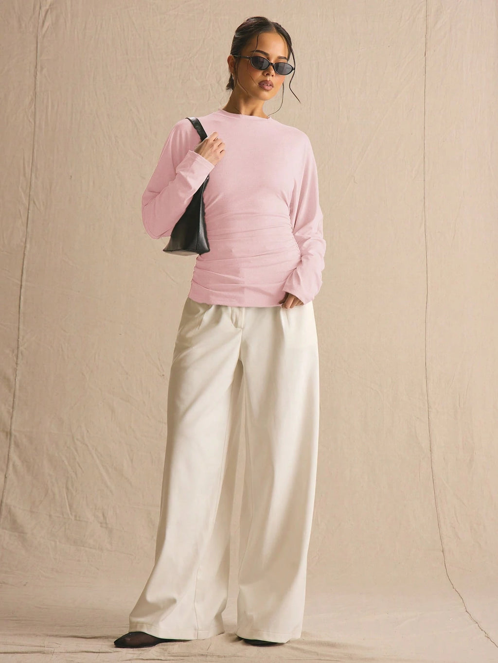 Pink Ruched Waist Batwing Long Sleeve Top