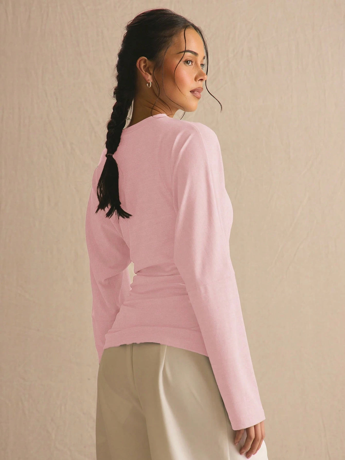 Pink Ruched Waist Batwing Long Sleeve Top