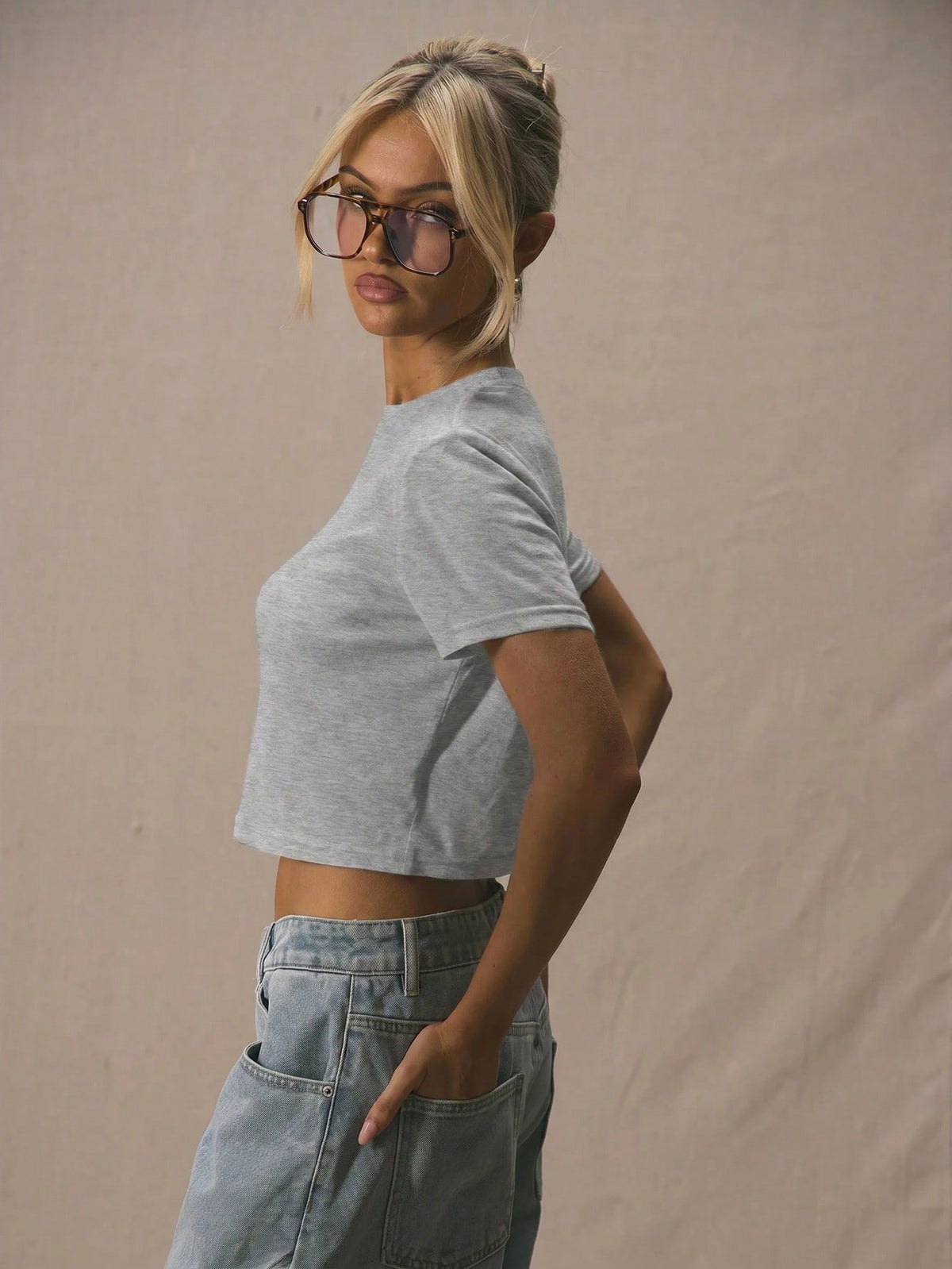 Grey Crew Neck Crop Tee