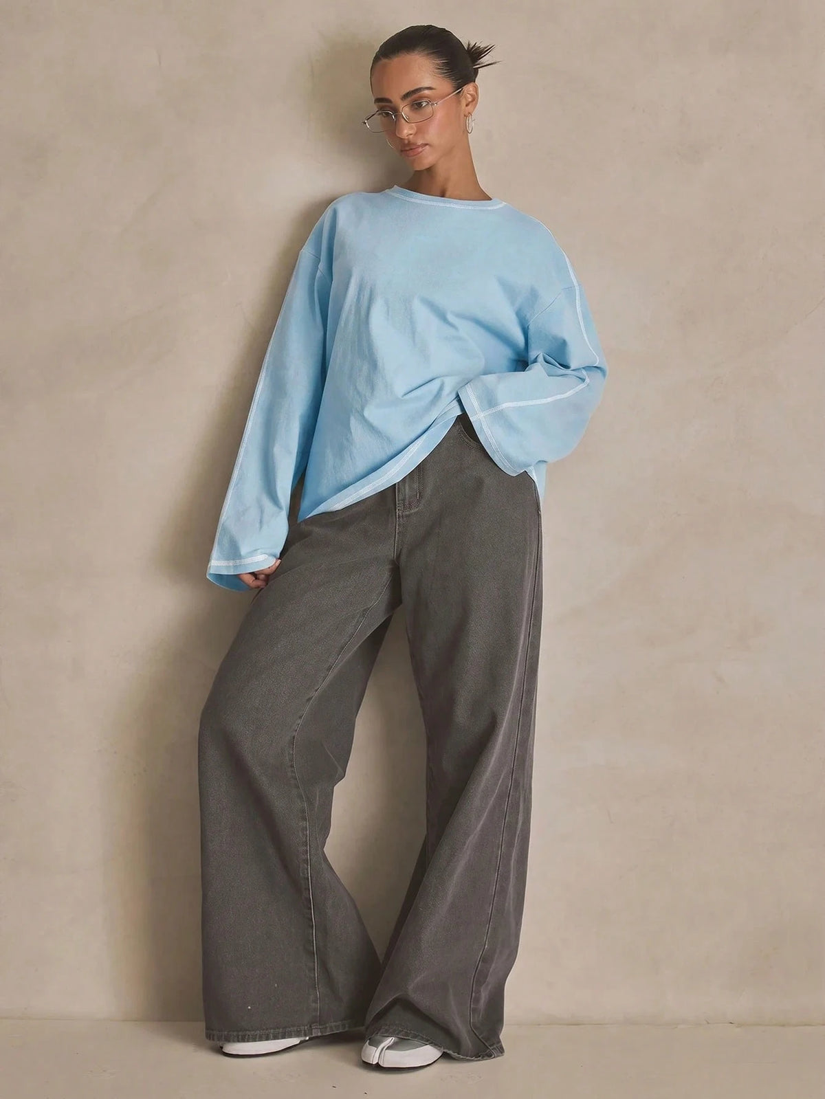Washed Oversized Long Sleeve Top – Baby Blue