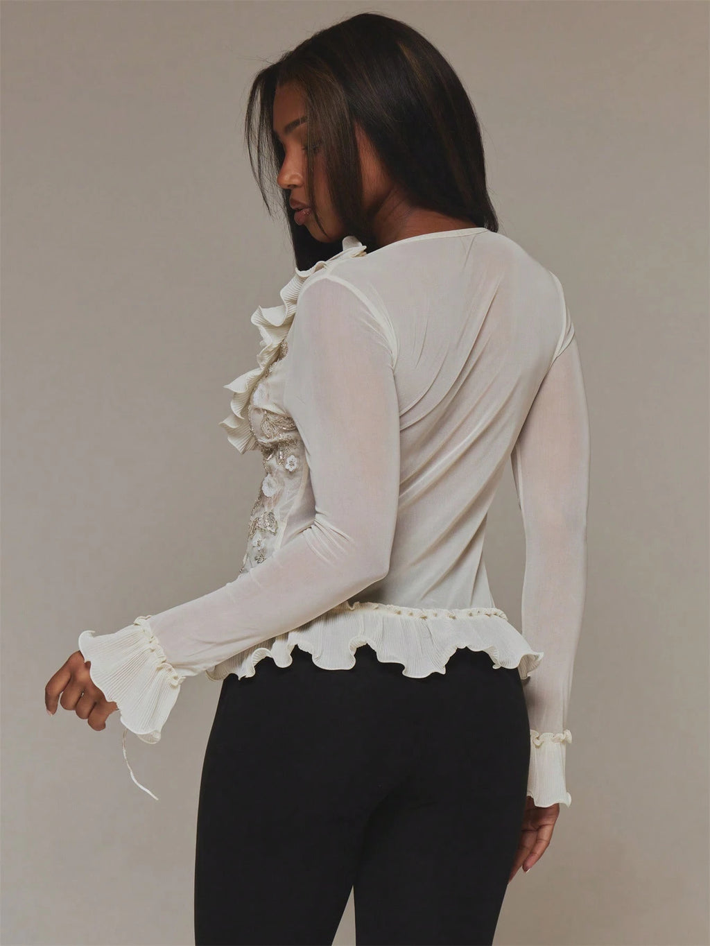 Cream Ruffle Flare Sleeve Top