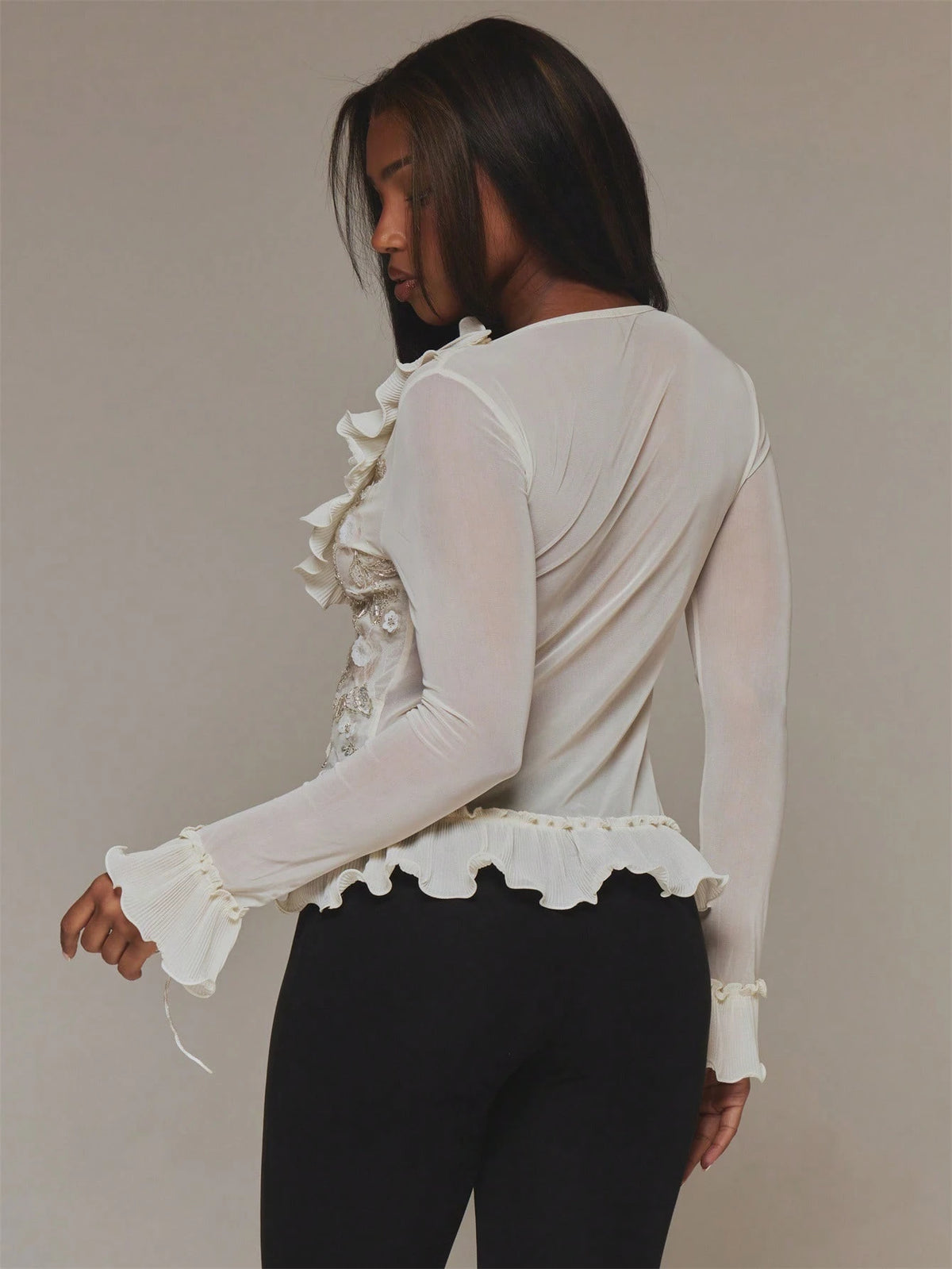 Cream Ruffle Flare Sleeve Top