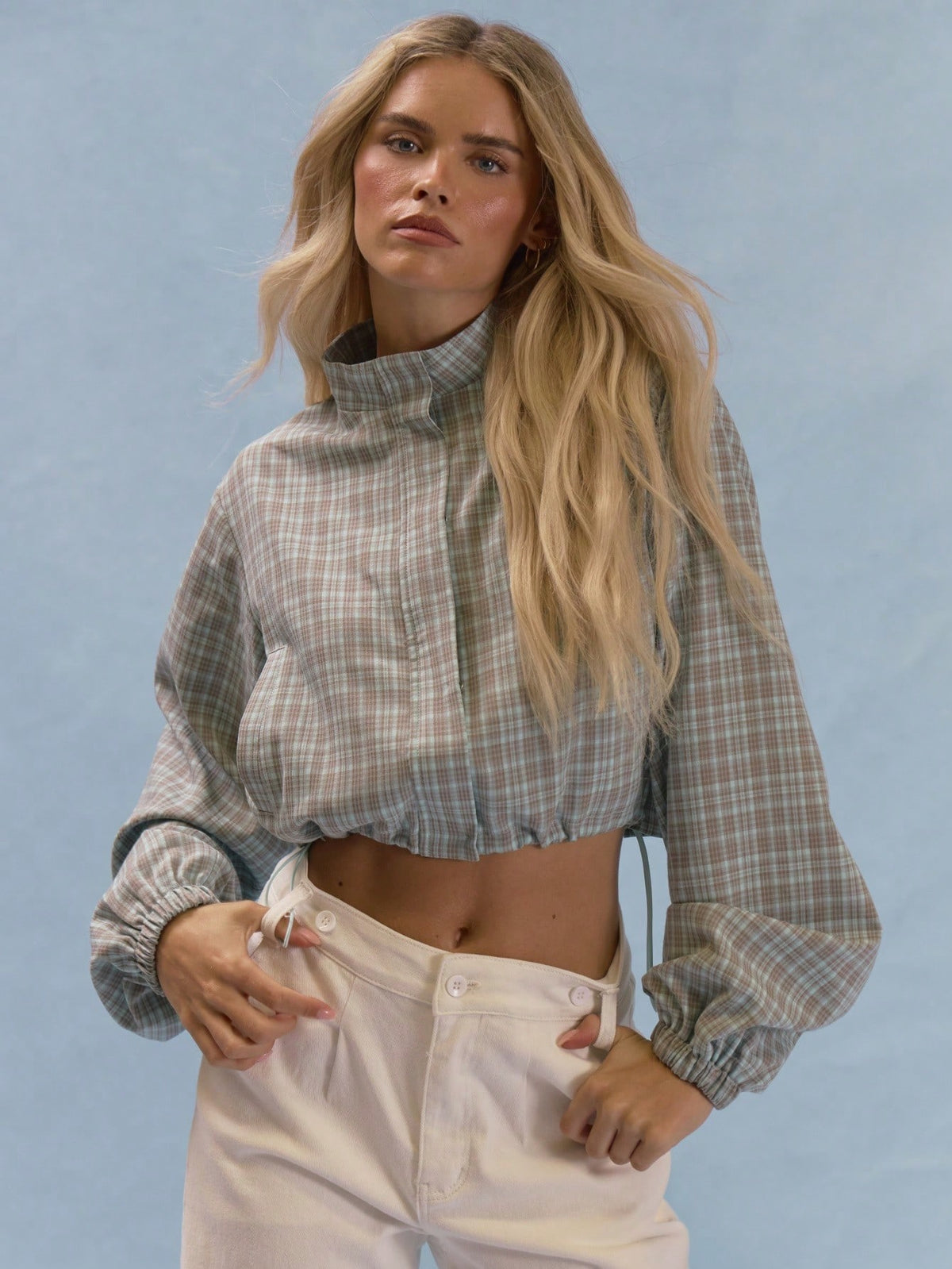 Checked Balloon Sleeve Cropped Jacket