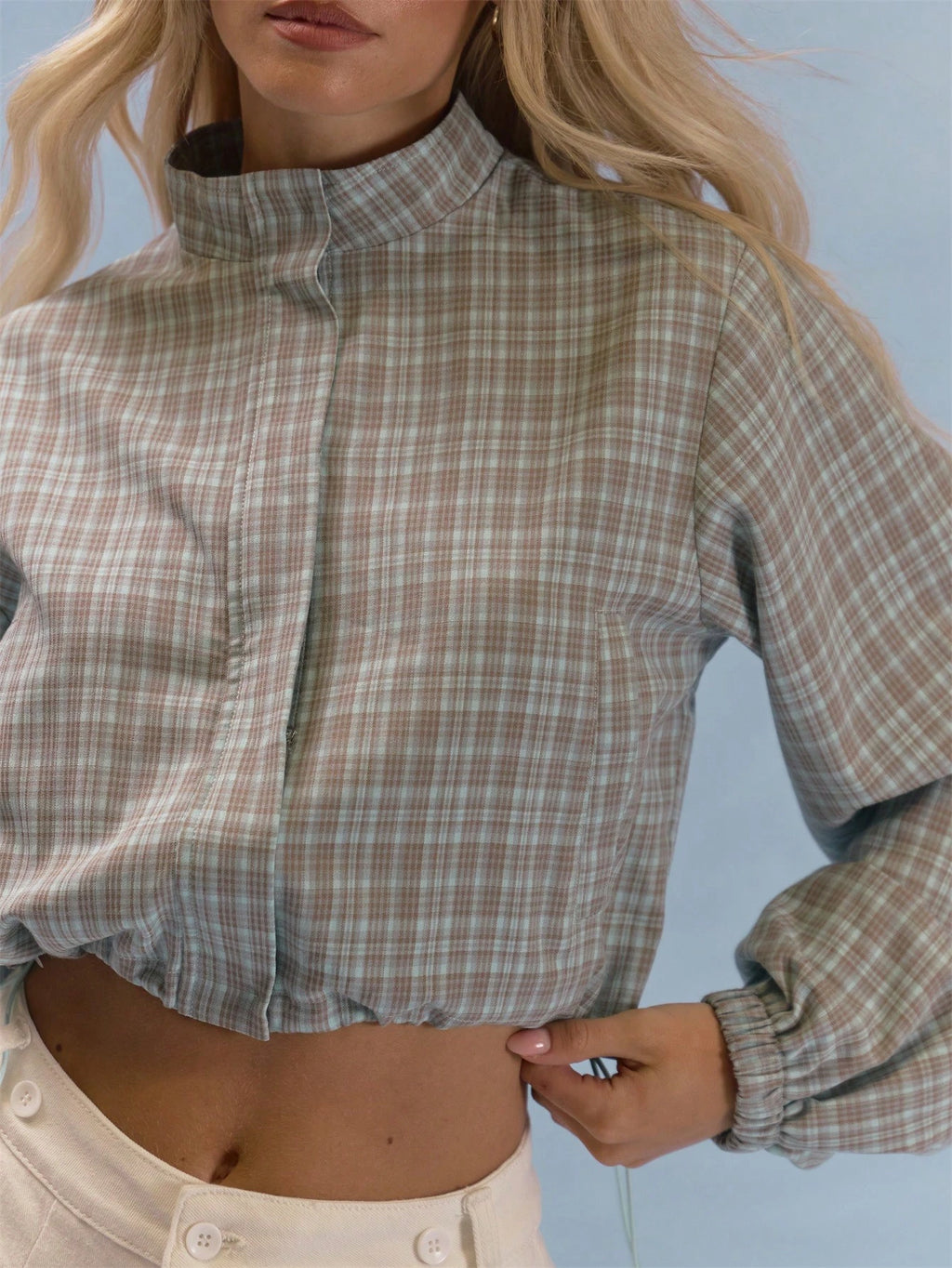 Checked Balloon Sleeve Cropped Jacket