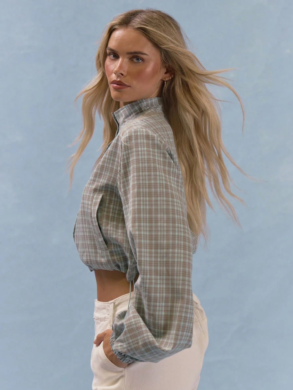 Checked Balloon Sleeve Cropped Jacket