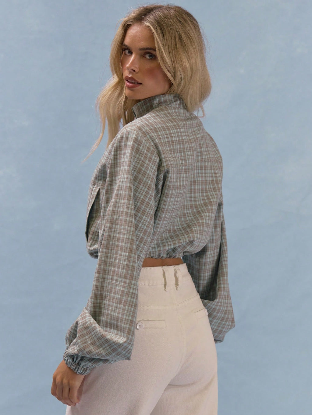 Checked Balloon Sleeve Cropped Jacket