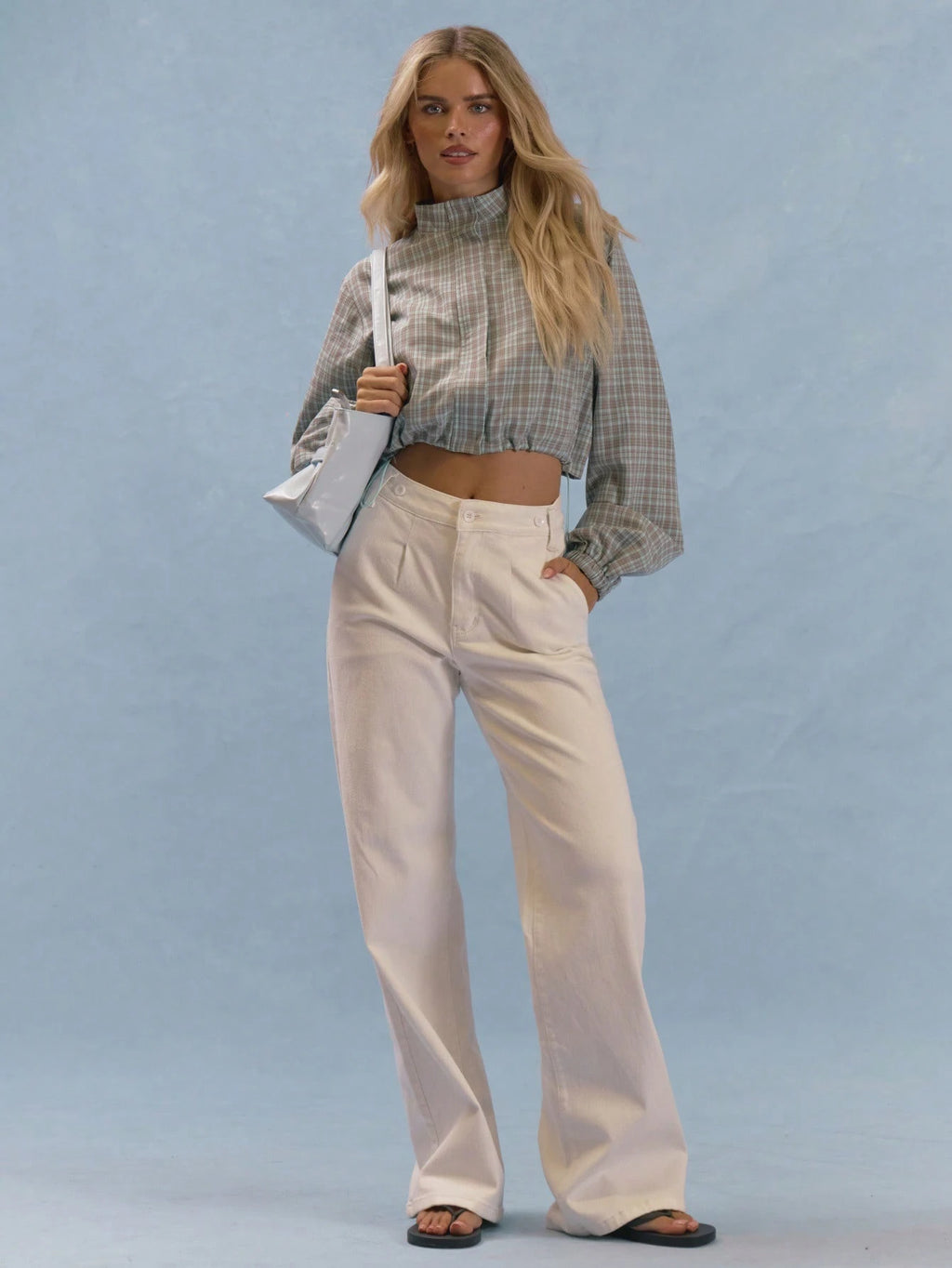 Checked Balloon Sleeve Cropped Jacket
