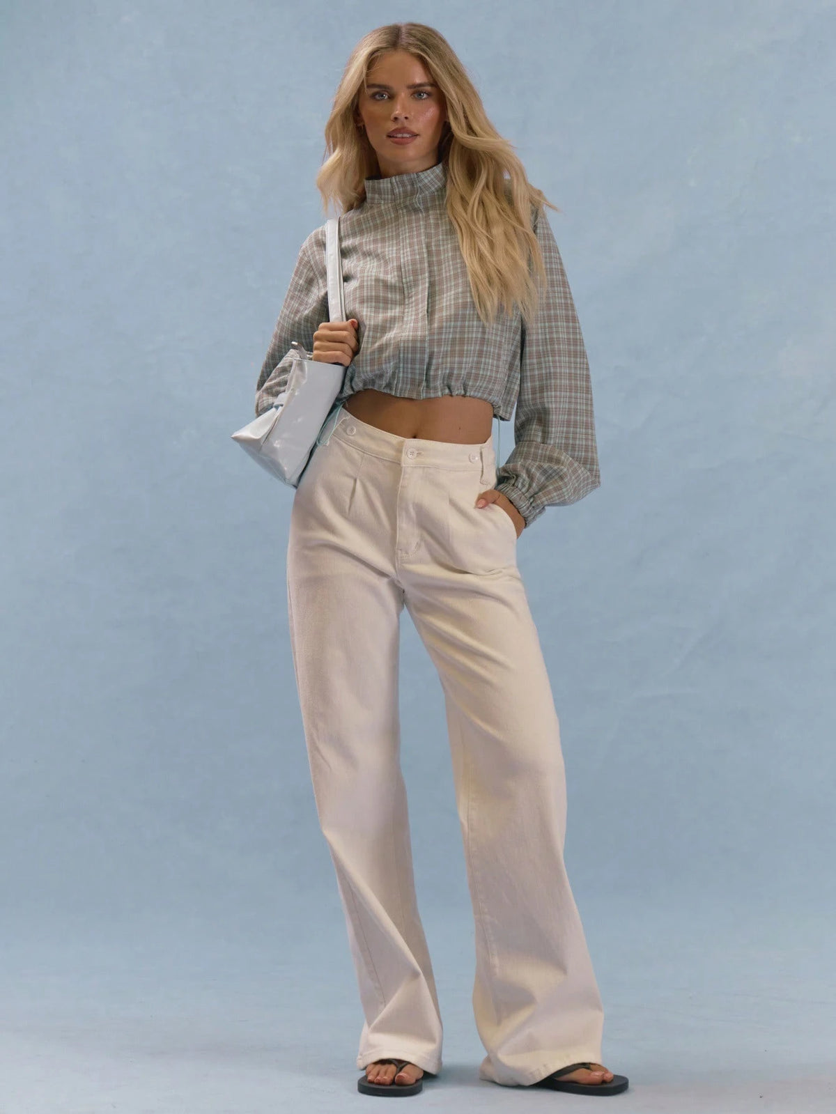 Checked Balloon Sleeve Cropped Jacket