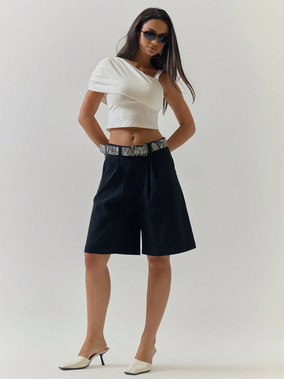 White Cotton Ruched Asymmetric Crop Top