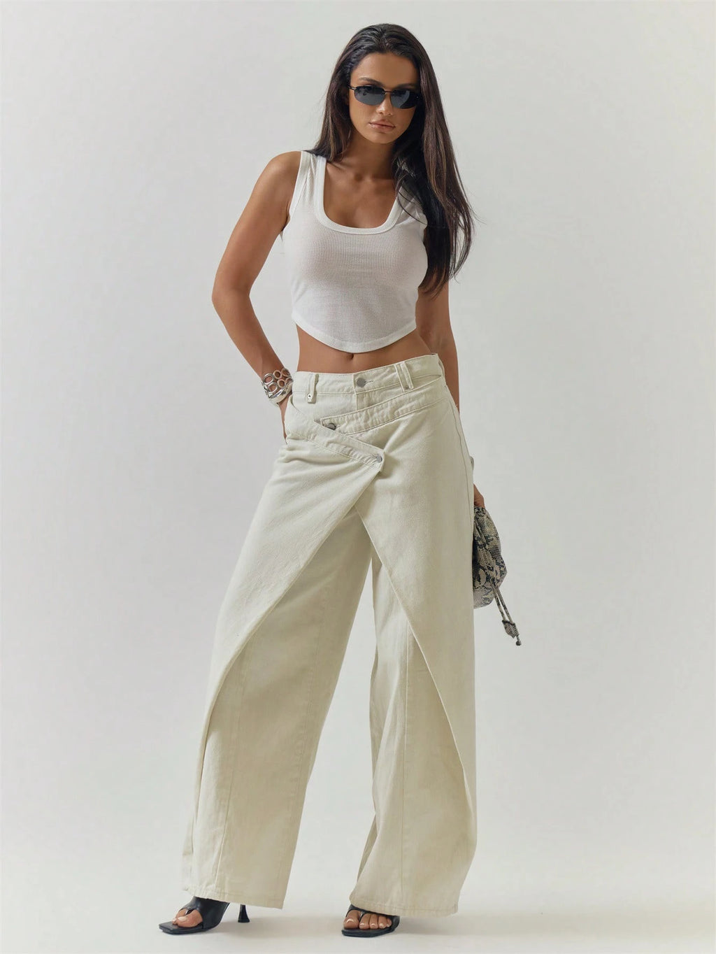 Cream Wide Leg Cotton Jeans
