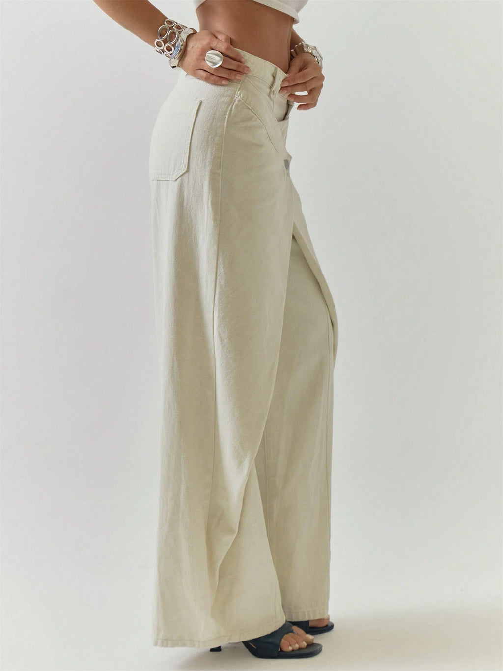 Cream Wide Leg Cotton Jeans