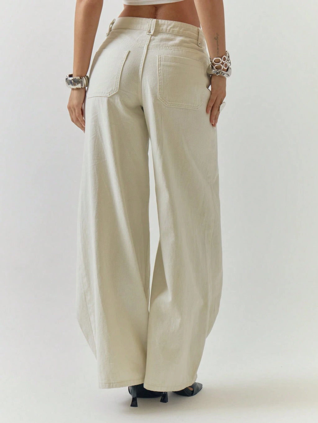 Cream Wide Leg Cotton Jeans