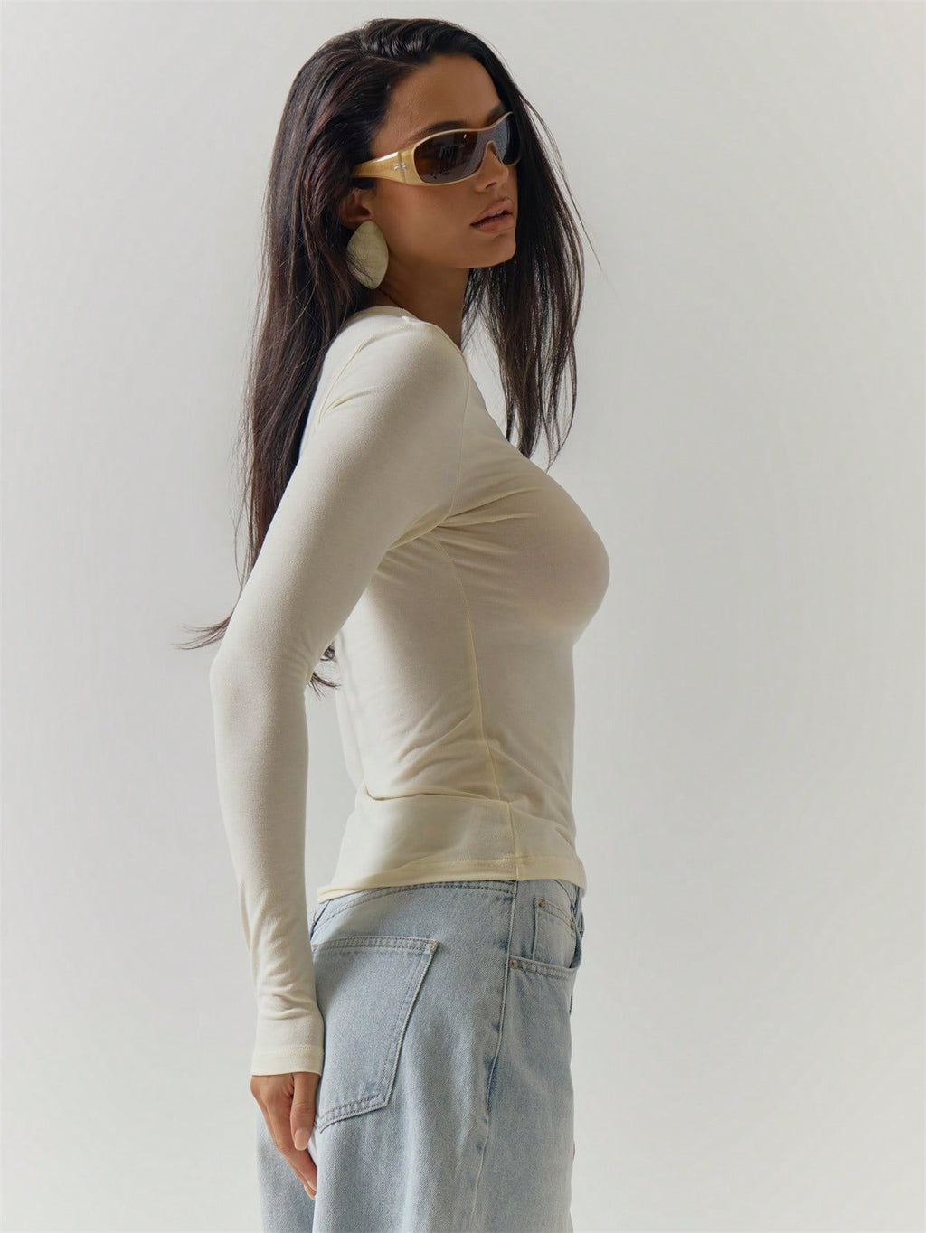 Beige Asymmetric Neck Long Sleeve Top