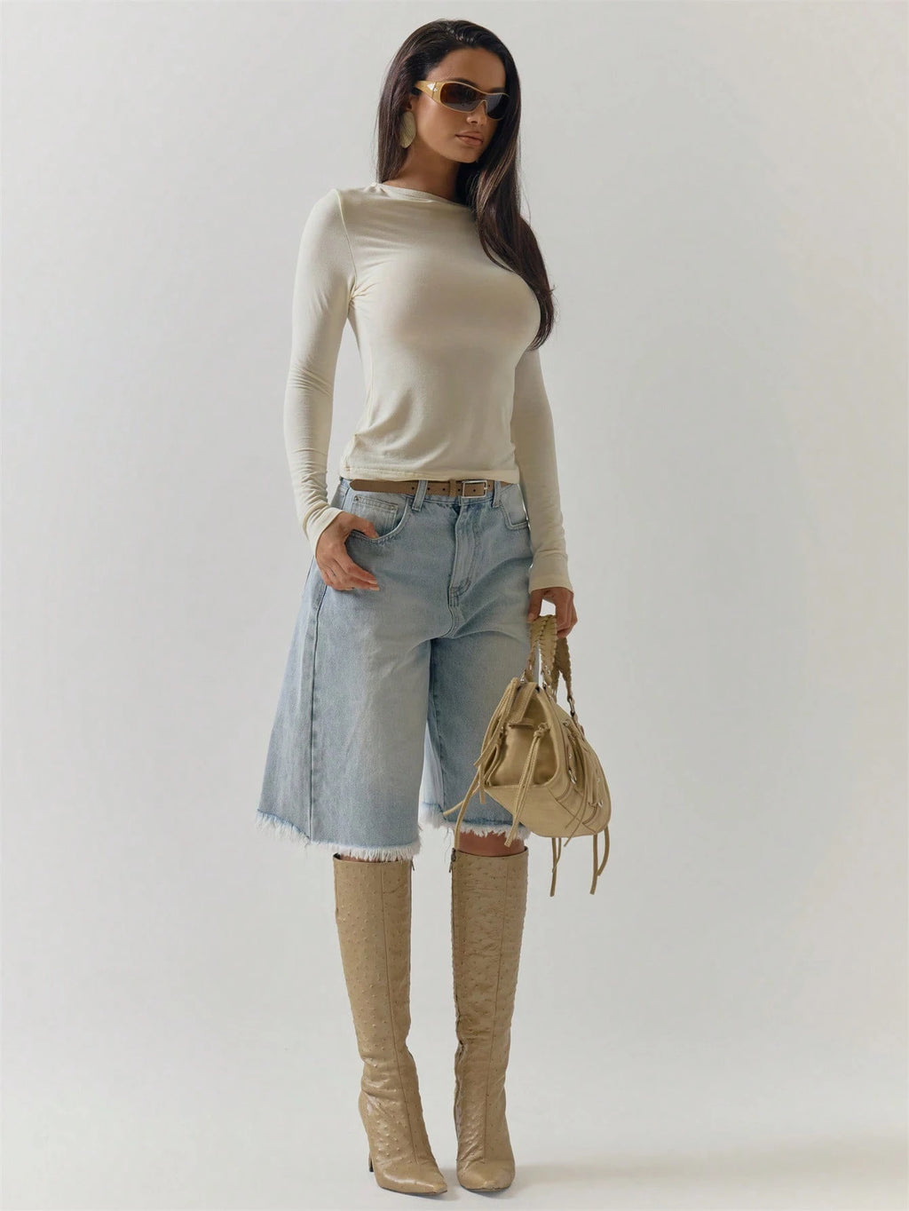 Beige Asymmetric Neck Long Sleeve Top