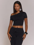 Black Pearl Trim Asymmetric Crop Top