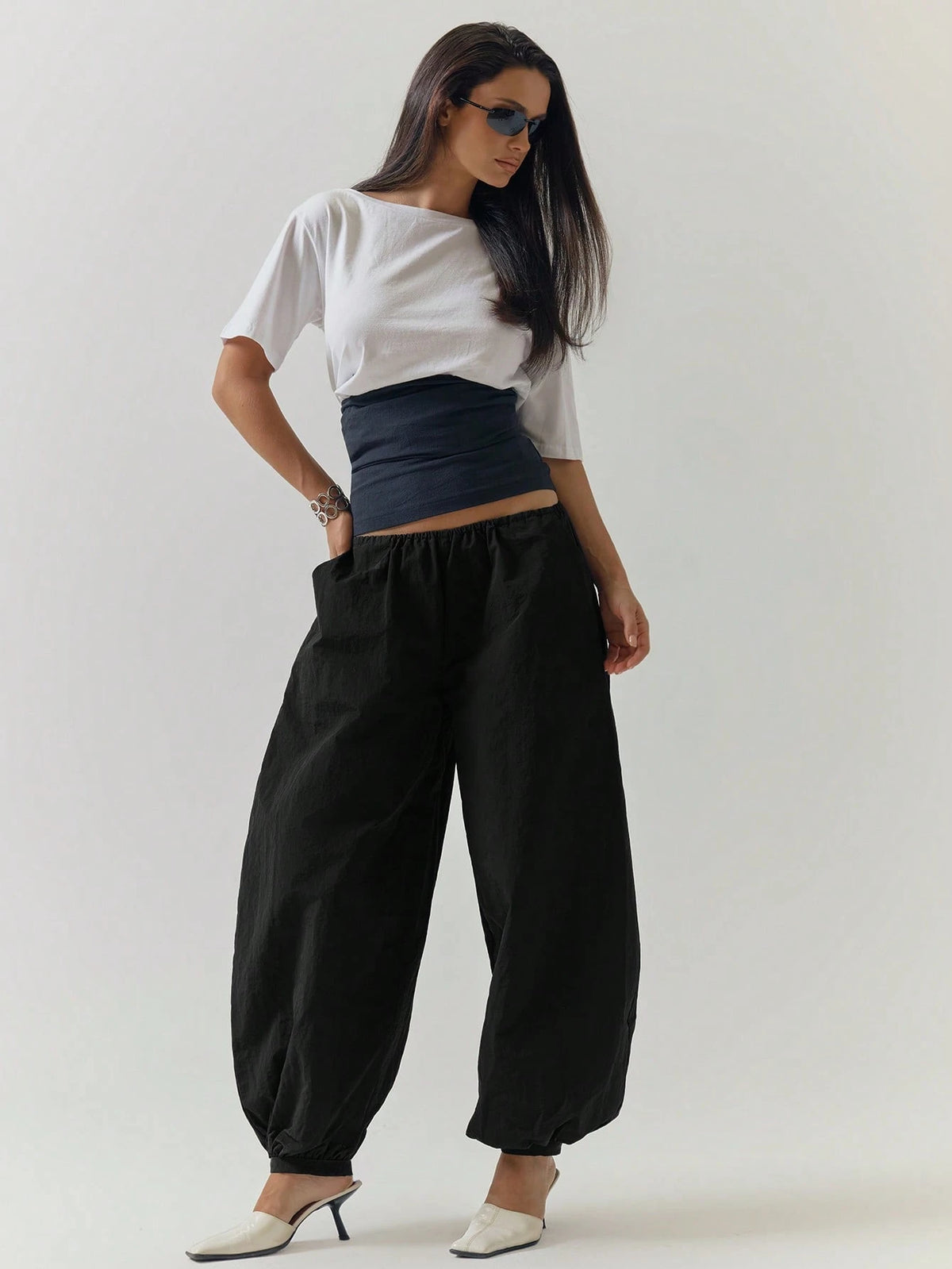 Black Shell Parachute Cuffed Trousers
