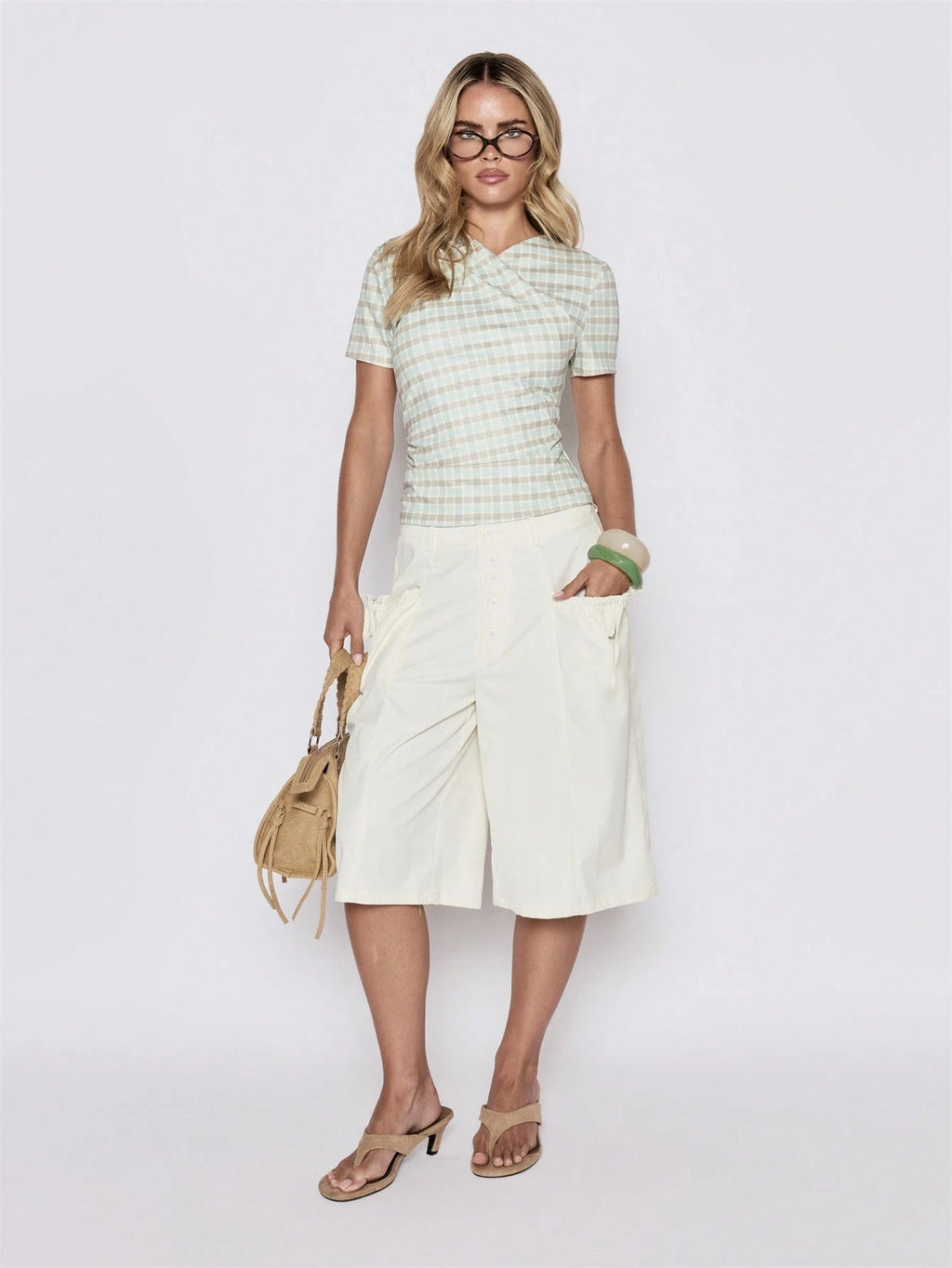 Green Check Ruched Top