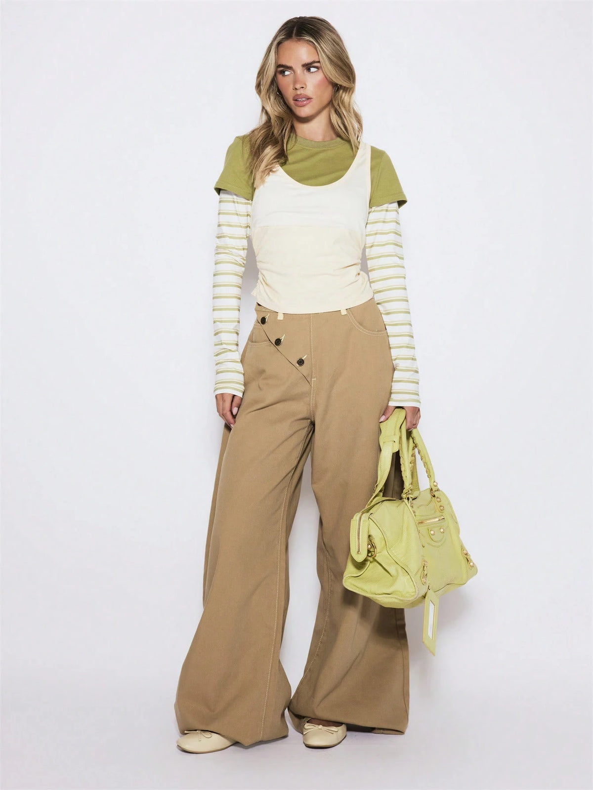 Khaki Denim Wide Leg Trousers