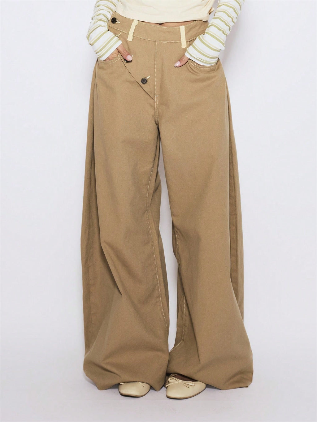 Khaki Denim Wide Leg Trousers