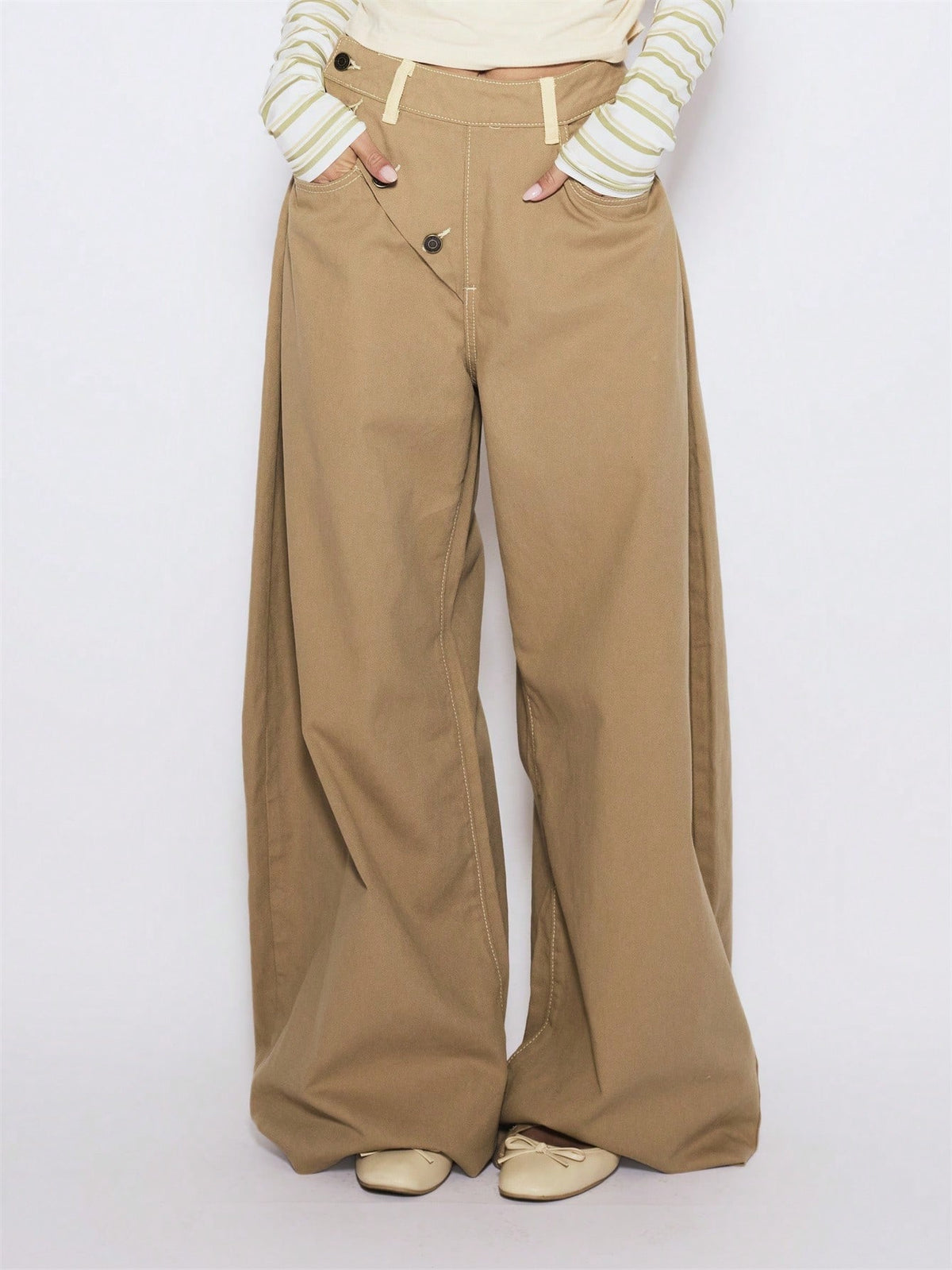 Khaki Denim Wide Leg Trousers