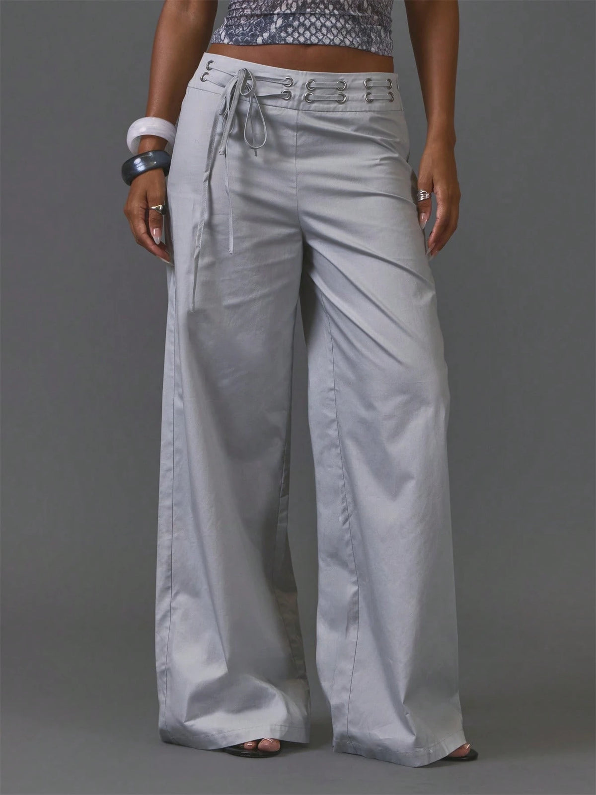 Grey Lace Through Detail Trousers