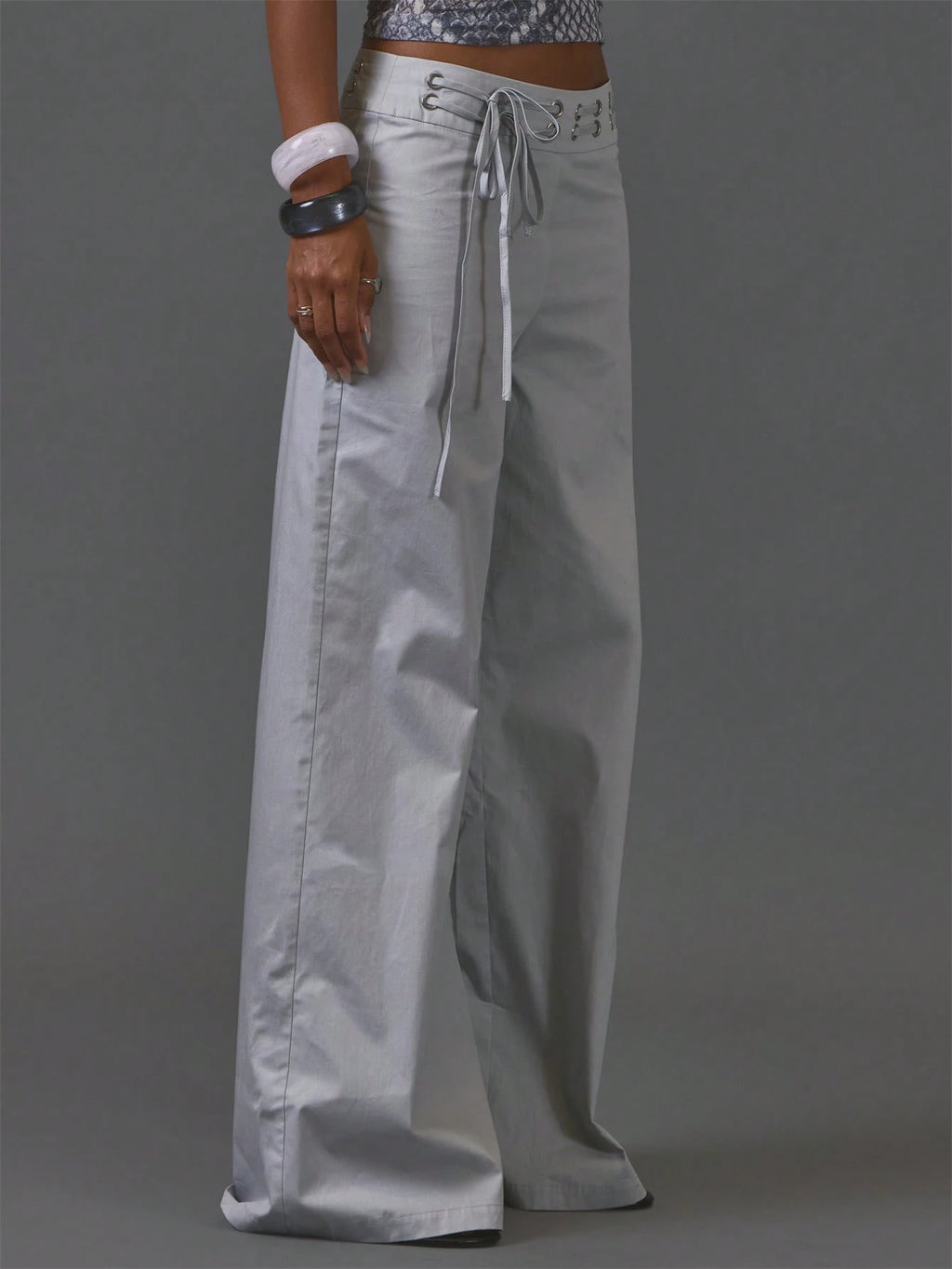 Grey Lace Through Detail Trousers