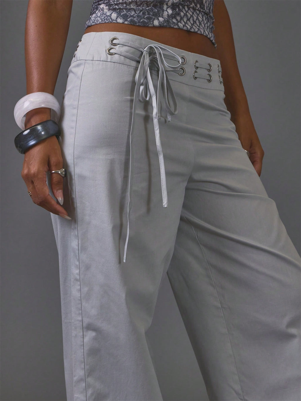 Grey Lace Through Detail Trousers