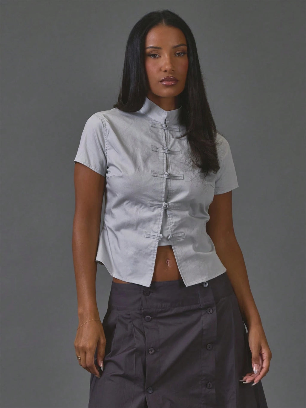 Grey Button Detail Collar Top – Workwear