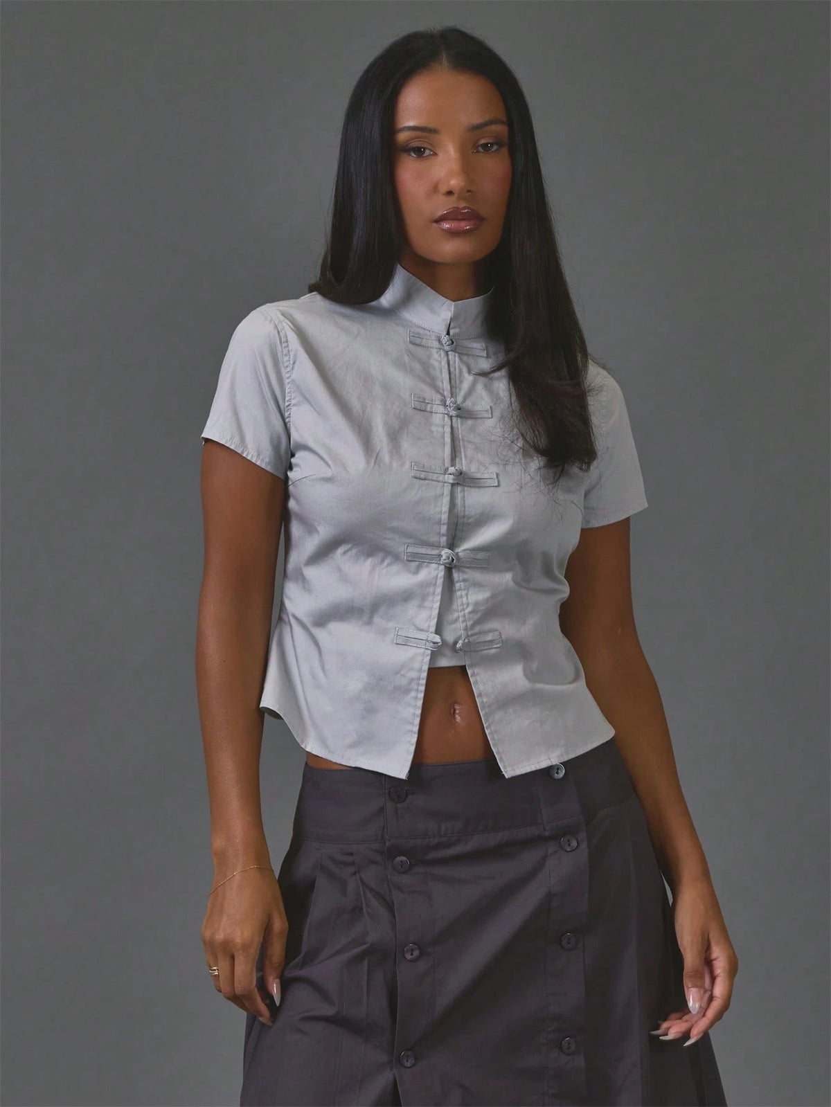 Grey Button Detail Collar Top – Workwear