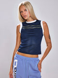 Navy Mesh Contrast Hem Tank Top