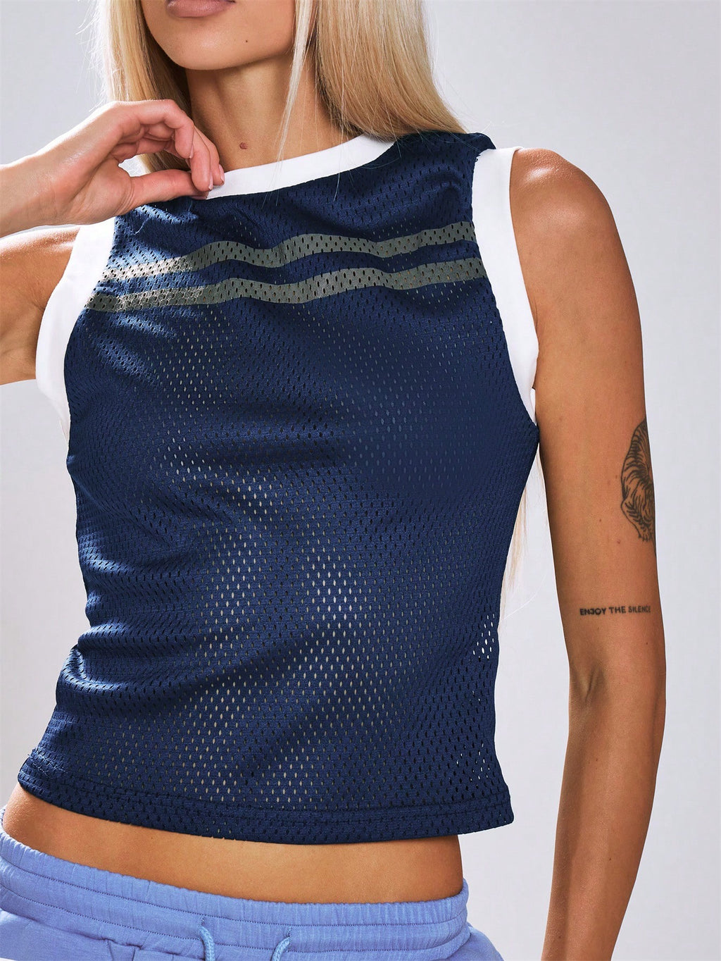 Navy Mesh Contrast Hem Tank Top