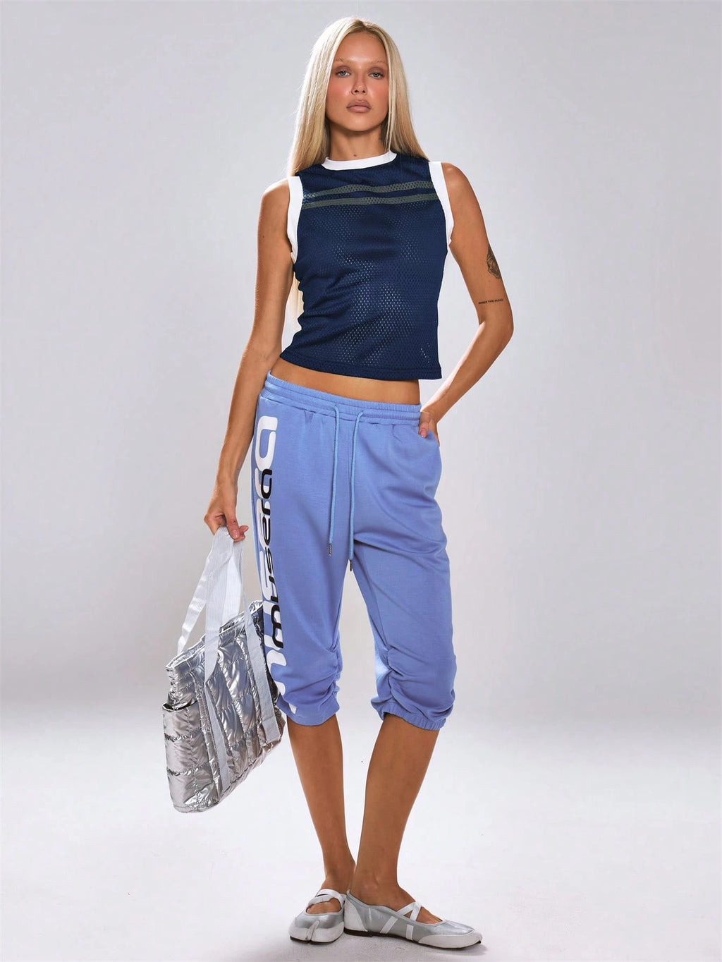 Navy Mesh Contrast Hem Tank Top