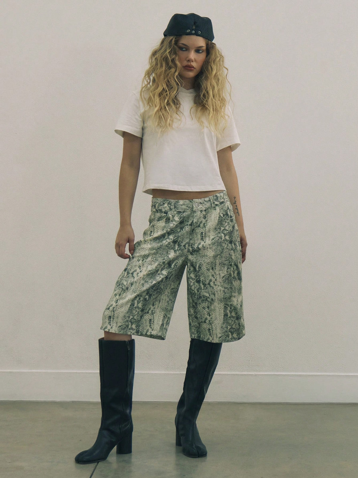 Green Snake Print Denim Jorts
