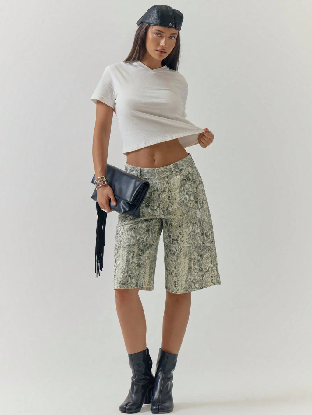 Green Snake Print Denim Jorts