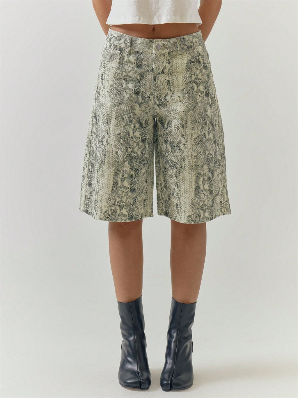 Green Snake Print Denim Jorts