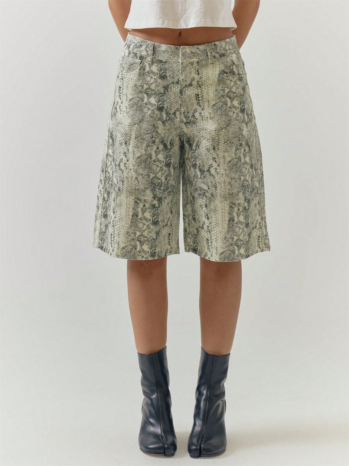 Green Snake Print Denim Jorts