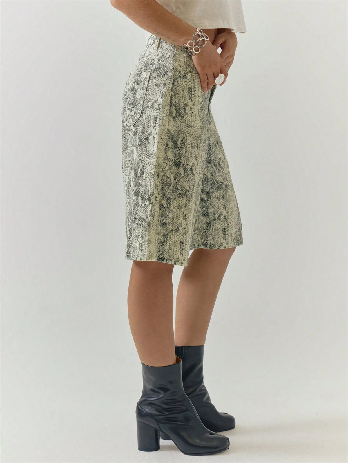 Green Snake Print Denim Jorts