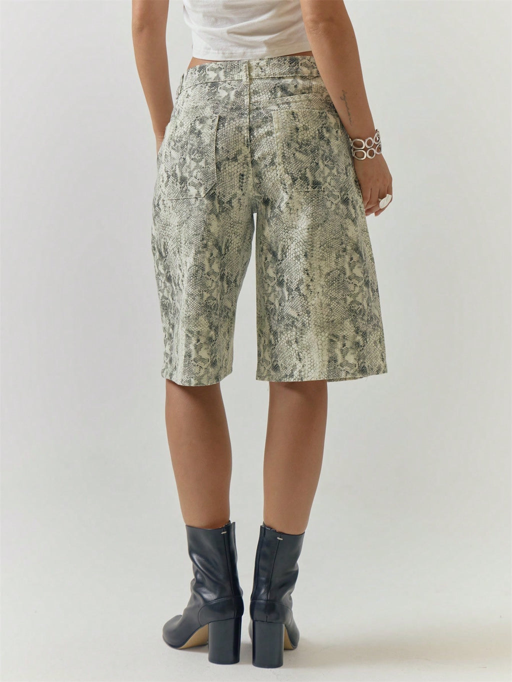 Green Snake Print Denim Jorts