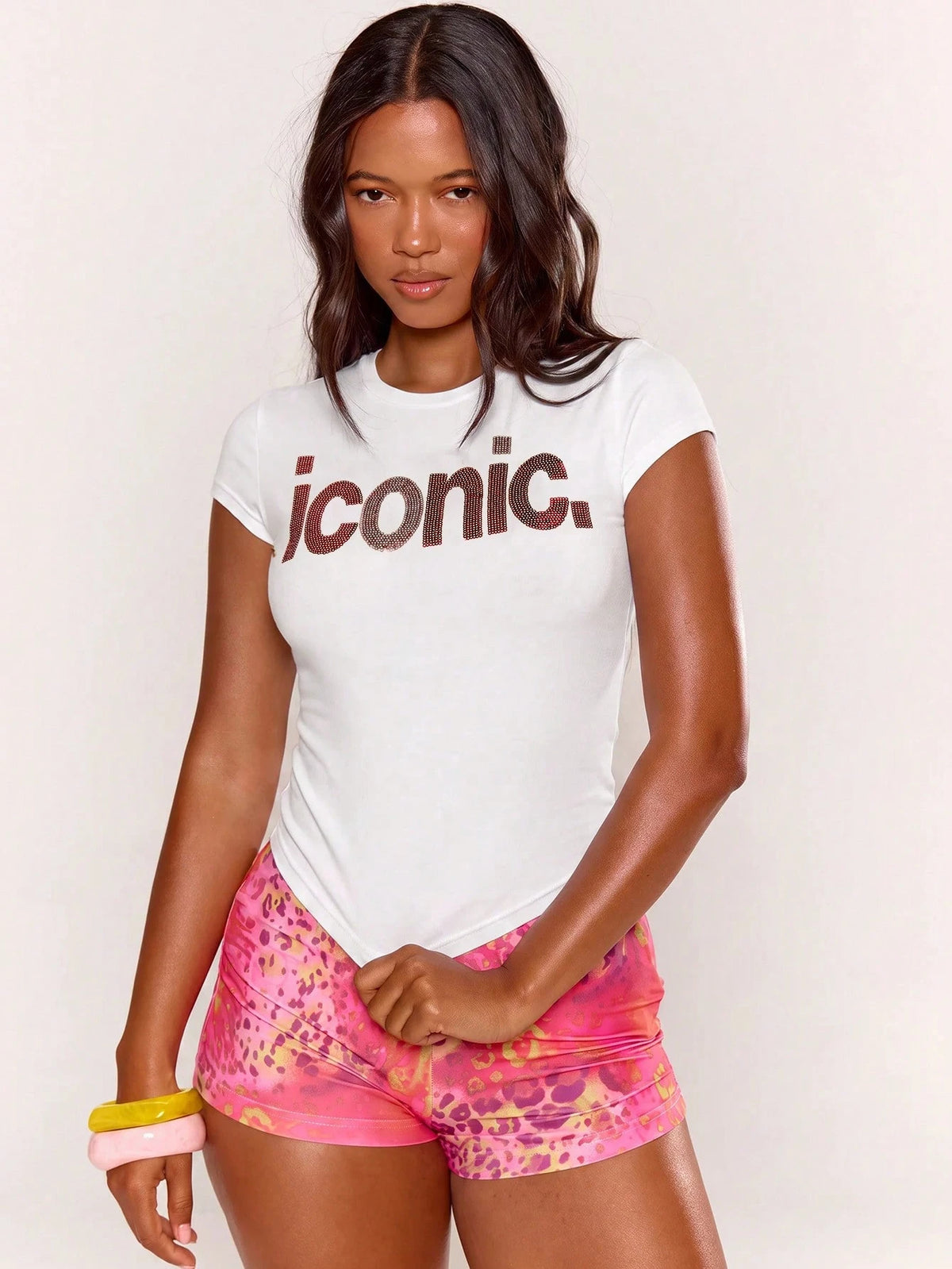 Sequin Graphic Baby Tee – White