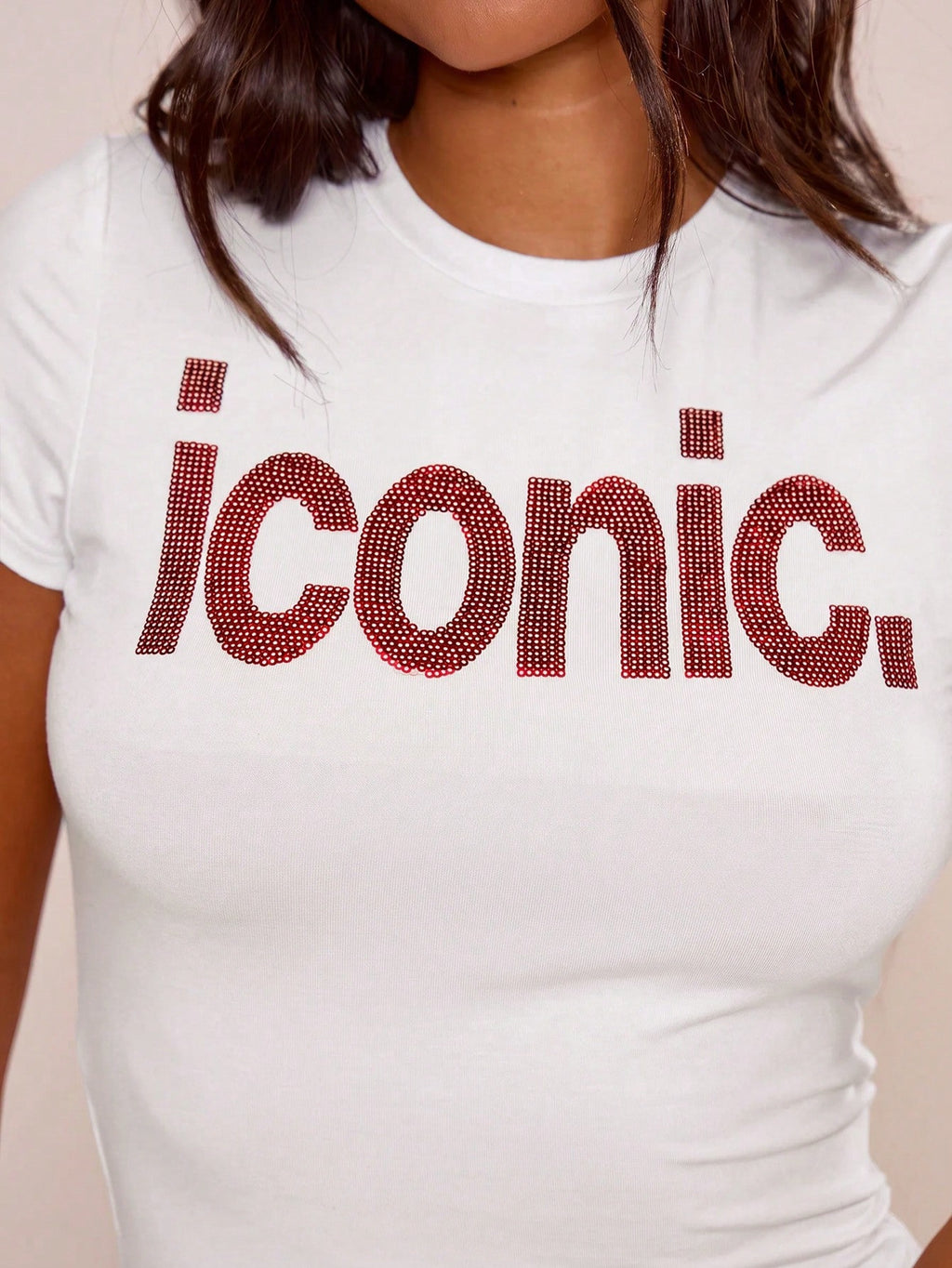 Sequin Graphic Baby Tee – White
