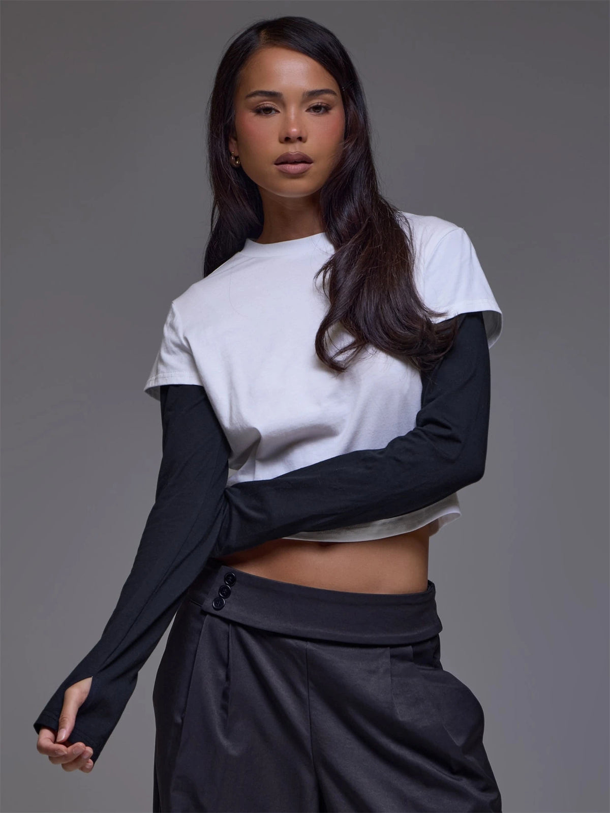Black & White Contrast Overlay Long Sleeve Top