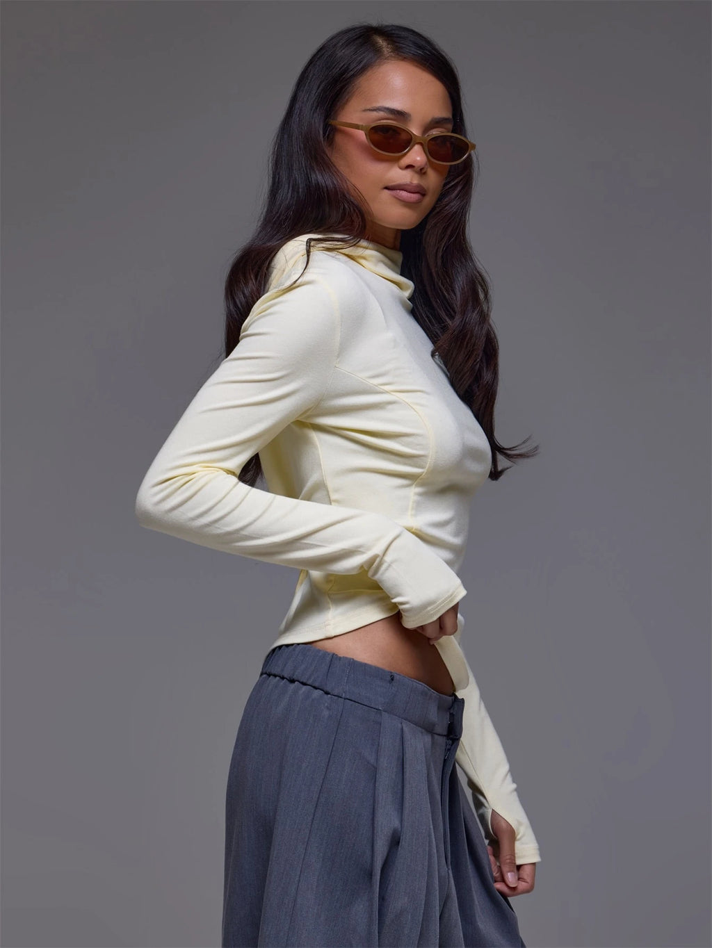 Yellow High Cowl Neck Long Sleeve Top