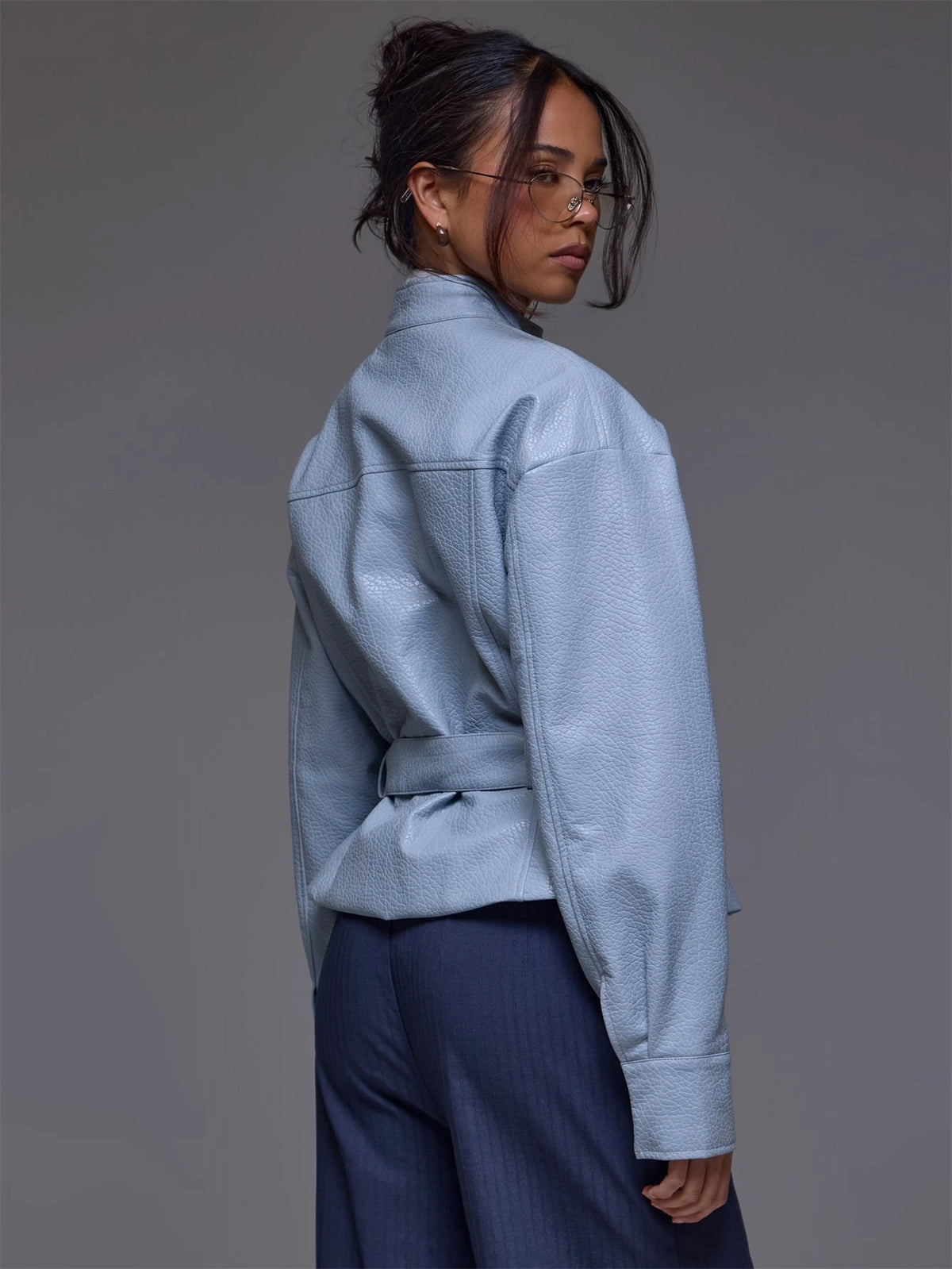 Blue Faux Leather Belted Jacket