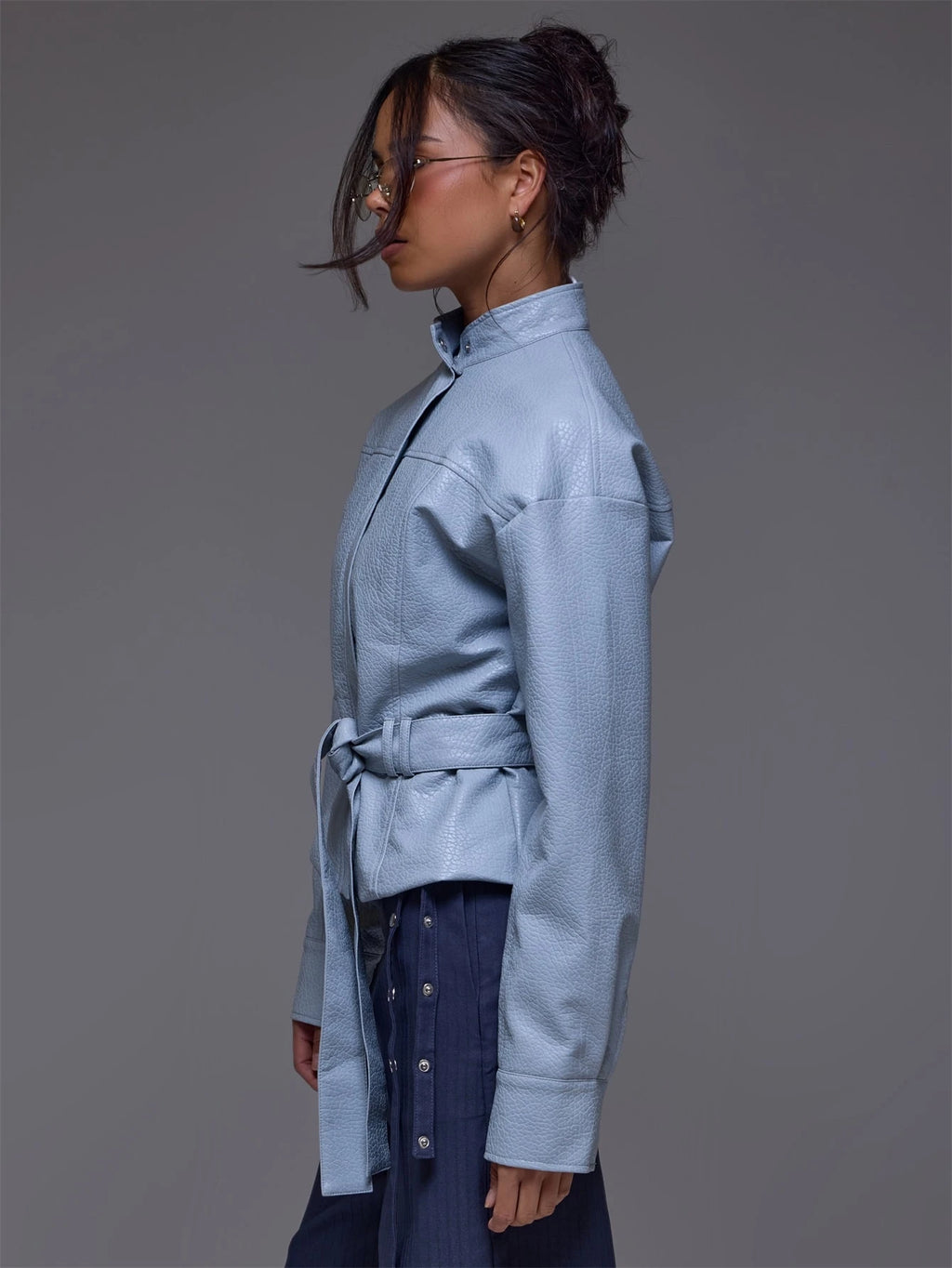 Blue Faux Leather Belted Jacket