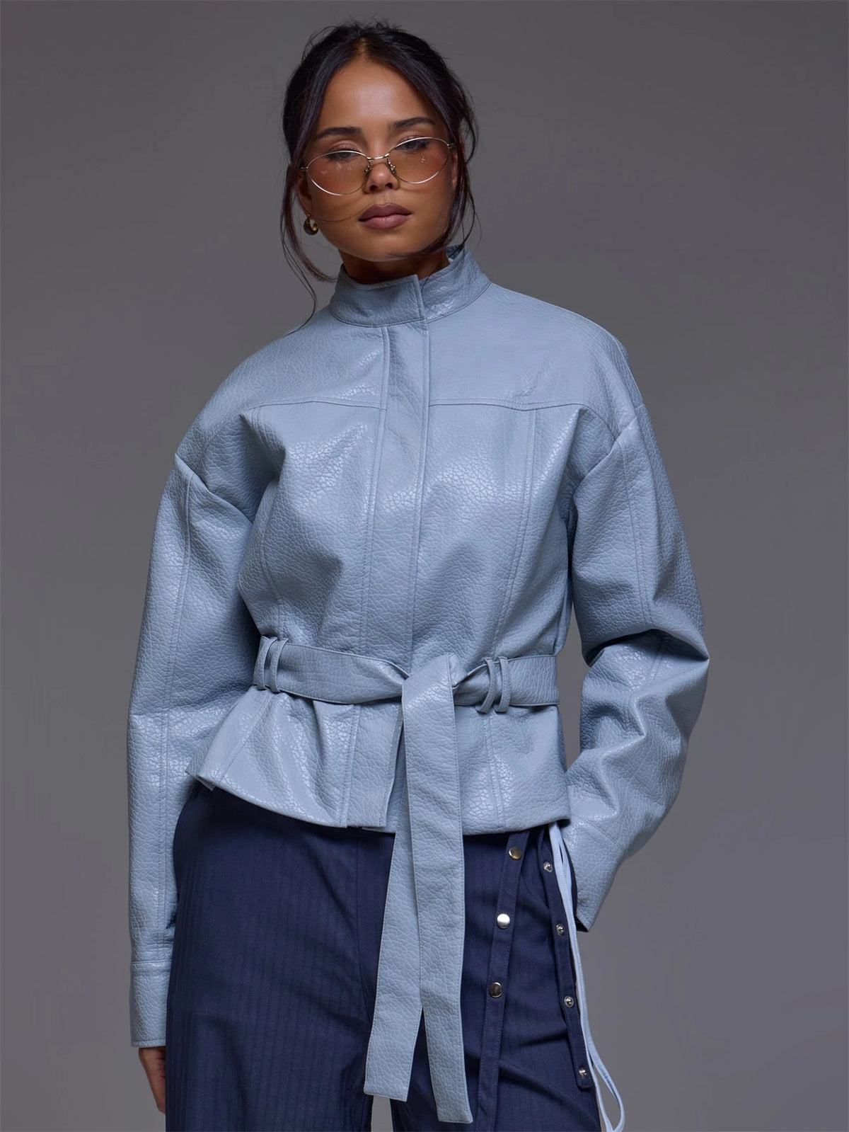 Blue Faux Leather Belted Jacket