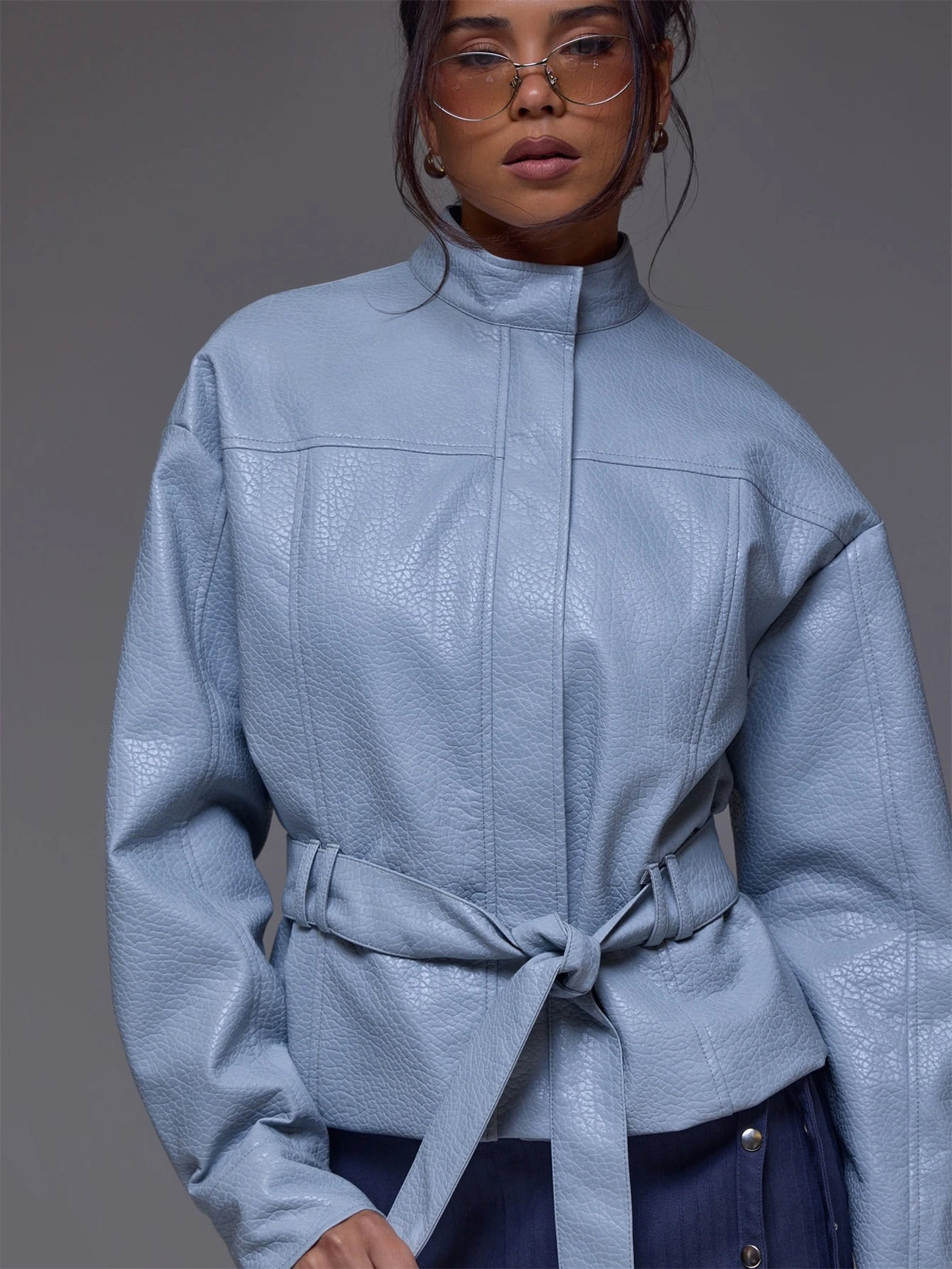 Blue Faux Leather Belted Jacket