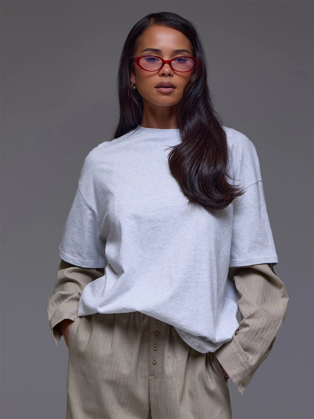 Grey Pinstripe Shirt Overlay Tee