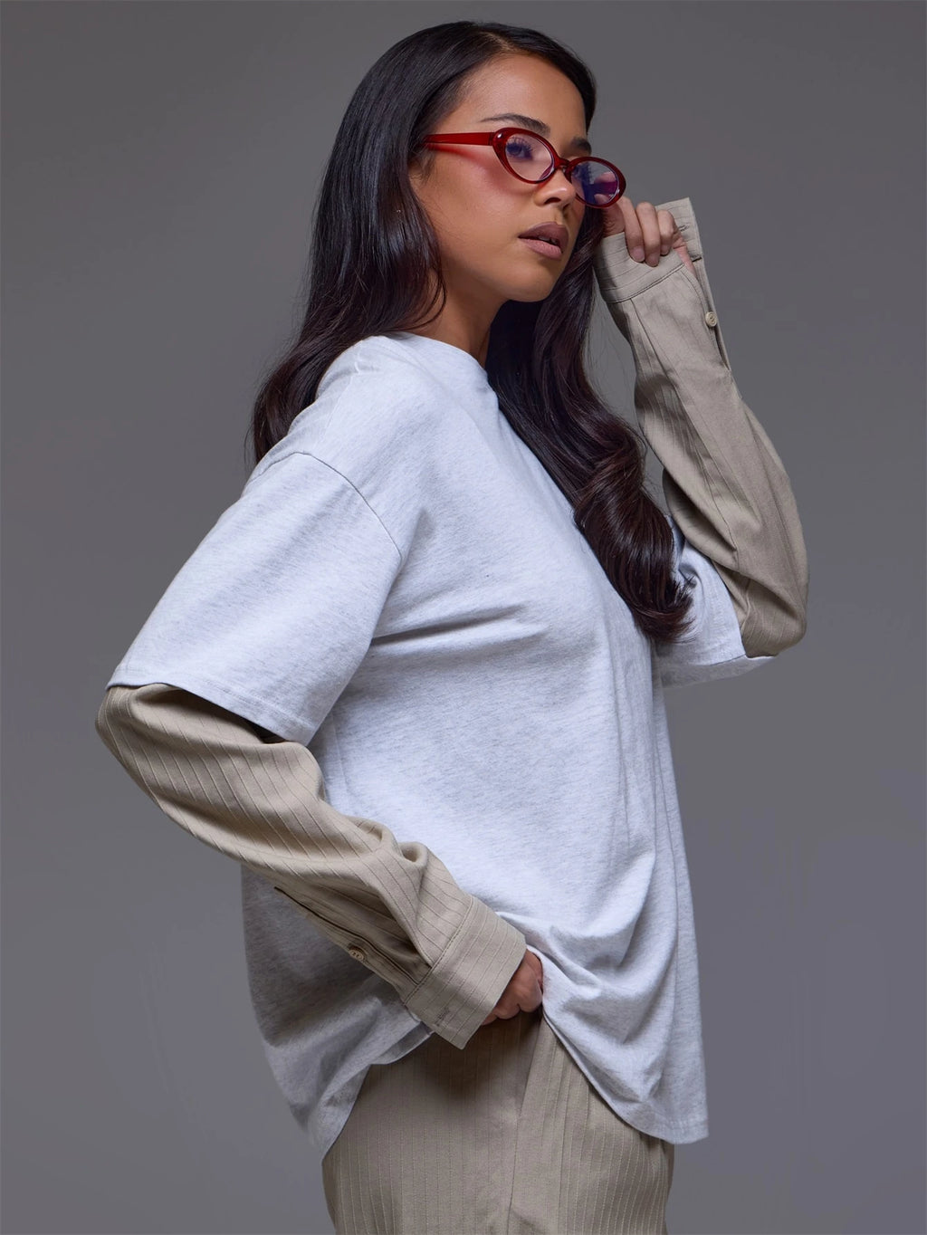 Grey Pinstripe Shirt Overlay Tee