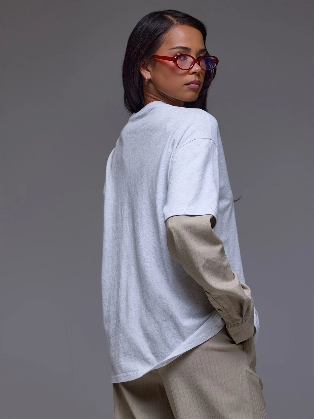 Grey Pinstripe Shirt Overlay Tee