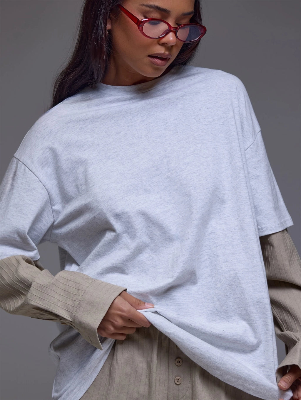 Grey Pinstripe Shirt Overlay Tee